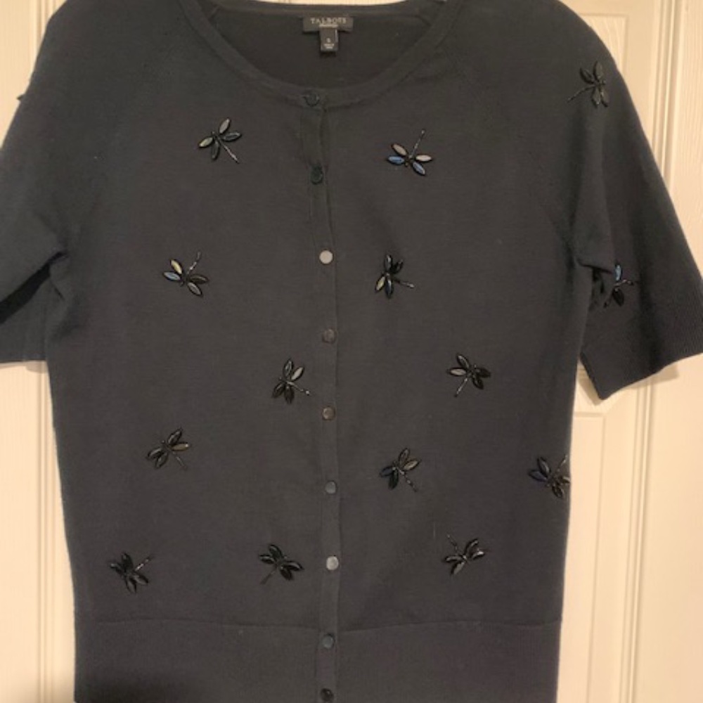 Talbots Short Sleeve Cardigan with Jeweled Dragonfly Beads